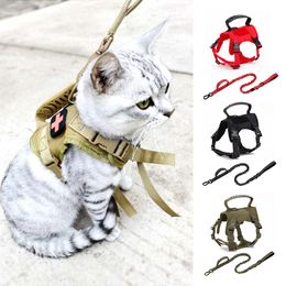 Cat Collars Leads Nylon Harness Leash Set Breathable Military Training Adjustable Tactical Vest and Pet Walking Lead 230309