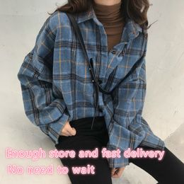 Women's Blouses Shirts Korean Style Oversized Plaid Shirts Blouse Women Autumn Cotton Blouse Long Sleeve Plus Size Blouses Button Up Shirt Blusas 230309