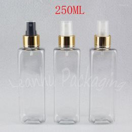 Storage Bottles 250ML Transparent Square Plastic Bottle With Gold Spray Pump 250CC Makeup Sub-bottling Toner / Water Packaging