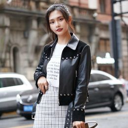 Women's Leather 300% Real Cow Coat Female Genuine Jacket Belt Short Slim Rivets Jackets Women Clothes Outerwear Jaqueta 93083