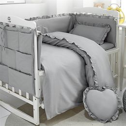 Bedding Sets White Gray Baby Bedding Set Cotton Solid Pattern Pillowcase Duvet Cover born Cot Bed Flat Sheet Sets 230309