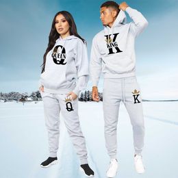 Men's Tracksuits Fashion Lover Couple Sportwear Set KING QUEEN Printed Hooded Clothes 2PCS Set Hoodie and Pants Plus Size Hoodies Women 230309