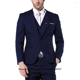 Men's Suits Navy Blue Slim Fit Business Men 3 Piece Jacket Vest Pants Set Formal Office Wear Groom Wedding One Button Tuxedo Masculino