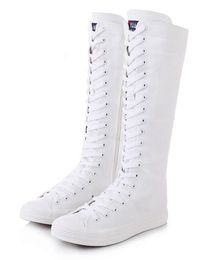 Neue Damenmode High-Top-Reißverschluss- und Spitzenstiefel Frühling/Herbst Langläufige, lässige, flache Canvas-Stiefel, große Größe 34-43