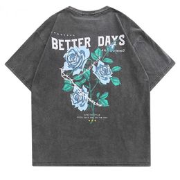 Men's T-Shirts Distressed T-Shirt Streetwar Hip Hop Floral Rose Letter Print Vintage Tshirt Men Harajuku Summer Casual Cotton Loose Shirts Top G230309