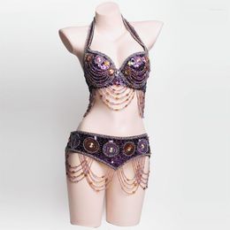 Stage Wear Sexy Dancer Carnival Tops Chain Dancing Bra Belt 2pcs Belly Dance Set Costume For Women Clothes