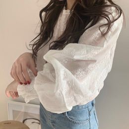 Women's Blouses Shirts Women Blouses spring See-through Sheer Mesh Blouse Long Sleeve Shirt Tops Tee Shirts White Bloust O-neck Tops 230309