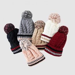 Beanies Beanie/Skull Caps Knitted Hats For Women Winter Skullcap Beanie Hat Pompom Striped Wool Yarn Twist Plush Cap