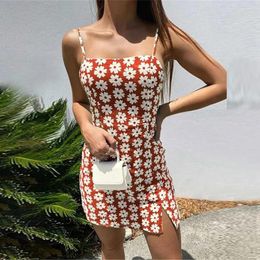 Casual Dresses Summer Sexy Women Floral Print Spaghetti Strap Mini Retro Backless High Waist Slit Party Bodycon A-line Dress For Female