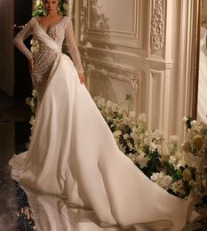 Luxury Mermaid Wedding Dresses Long Sleeves V Neck Appliques Sequins Beaded Floor Length 3D Lace Pearls Detachable Train Bridal Gowns Custom Made abiti da sposa