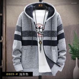 Men's Sweaters 2023 Autumn Korean Hooded Men's With Fleece Stripe Cardigan Knitted Sweatercoats Casual Jacket Male M-4XL 8809