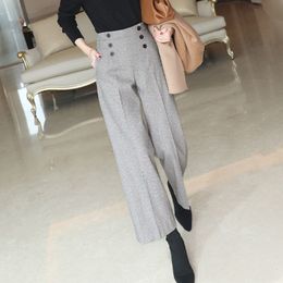 Women's Pants Capris Woolen Pants Women's Herringbone Pattern Loose Wide-Leg Pants High Waist Slimming Thick Trousers Korean Casual Pants 230309