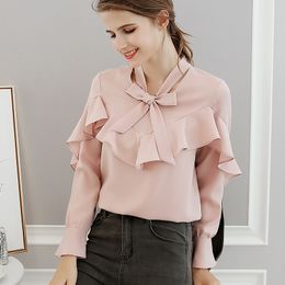 Women's Blouses Shirts Korean Chiffon Shirt Women Long-sleeved Bowknot Pure Color Blouse Top Spring Summer Female Elegant Casual Girl Shirts H9080 230309