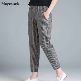 Women's Pants Capris Arrival Summer Korea Fashion Elegant High Waist Thin Casual Harem Pants Women Pants Striped Cotton Linen Trousers 10299 230309