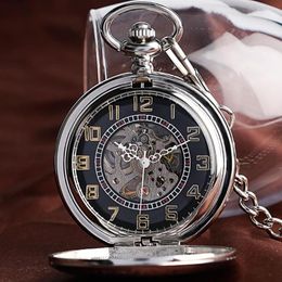 Pocket Watches Self Winding Automatic Mechanical Skeleton Watch Vintage Luxury Silver Shield Design Black With 30cm Chain