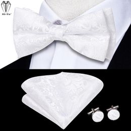 Bow Ties Hi-Tie Black White Silver Grey Brown Silk Mens Tie Hankerchief Cufflinks Set Pre-tied Butterfly Knot Adjustable Bowtie Male