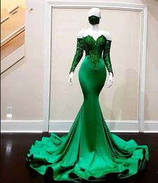 Emerald Green Mermaid Prom Dresses 2023 gillter Sequin Applique Long Sleeves Evening reception Dress Vestido De Novia