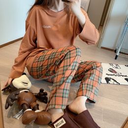 Women's Sleepwear Korean Purple Grid Girls Pyjamas Set Cute Autumn Winter Long Sleeve Leisure Sleepwear For Women Loose Nightwear Homewear Suit 230310