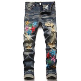 Mens Jeans Star Embroidered Ripped Hole Pants Graphic Motorcycle Slim Fit Hip Hop Streetwear Punk Denim Clothing 230310