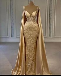 Gold Mermaid Prom Dresses With Wrap Beaded Lace Appliqued Evening Dress Party Second Reception Gowns Plus Size BC15416