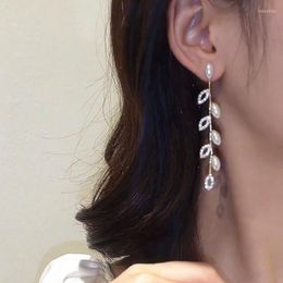 Dangle Earrings Korean 2023 Fashion Vintage Glossy Arc Bar Long Thread Tassel Drop For Women Silver Color Pearl Jewelry Hanging