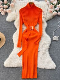 Casual Dresses YuooMuoo Limited Big Sale Autumn Winter Elegant Turtleneck Knitted Sweater with Belt Lady Wrap Hips Bodycon 230309