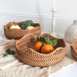 Storage Baskets Handwoven Round Rattan Basket Picnic Food Storage Wicker Basket Fruit Bread Food Storage Sundries Organizer Kitchen Accessories 230310