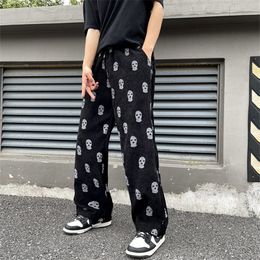 Mens Pants Preppy Style Skull Full Print Drawstring Casual Corduroy Men Baggy Hip Hop Straight Sweatpants Male Loose Trousers 230310