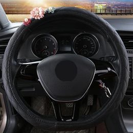 Steering Wheel Covers Full Leather Auto Car Cover With Flowers Breatheable Anti-skid For Girl Women Interior Styling