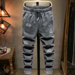 Men's Jeans 2023 Spring New Large Size Ripped Grey Drawstring Design Stretch Denim Pants Male Brand 5XL 6XL 7XL 8XL 9XL 10XL Y2303