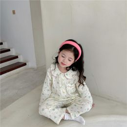 Pyjamas Girls Pyjamas Kids Spring Long Sleeve Sleepwear Cotton Linen Floral Toddler Kids Clothing Sets Pyjamas 230310