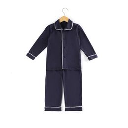 Pajamas 100% Cotton Navy Solid Color Boys Girls Sleepwear Button Family Matching Children Christmas Ruffle Kids Pyjamas 230310