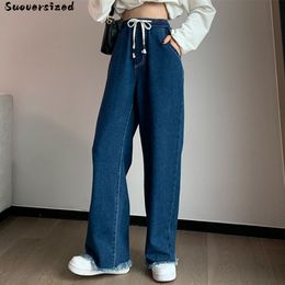 Women's Jeans Tassel Lace Up Baggy Wide Leg Jeans Women Straight Long Pants Denim Trousers Oversize 5xl Pantalones Elastic High Waist Vaqueros 230310