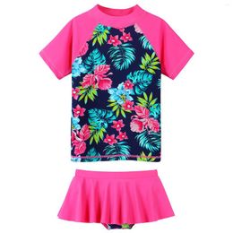 Women's Swimwear BAOHULU Girls Swimsuit Navy Flower Print Short Sleeve Beach Wear Kids Sun Protective Bathing Suit Surfing