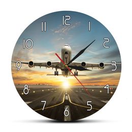 Wall Clocks Huge Two Storeys Commercial Jetliner Wall Clock Commercial Aeroplane Taking of Runway in Dramatic Sunset Light Modern Home Decor 230310