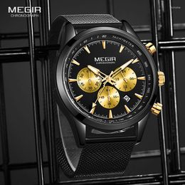 Wristwatches 2023 MEGIR Casual Luxury Mesh Belt Fashion Quartz Gold Watch Mens Watches Top Brand Waterproof Clock Relogio Masculino