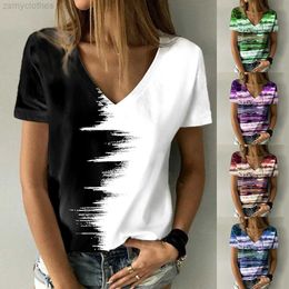 Women's T-Shirt Fashion Women's Colour Block Tie Dye Painting T Shirt Loose Print Summer V Neck Basic Tops / 3D Print Shirt XS-8XL