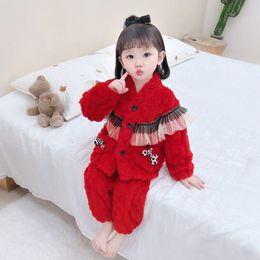 Pajamas Princess Style Home Clothes Girls' Christmas Pajama Autumn Winter Flannel Warm Suit Little Girl Cardigan Thickened 230310