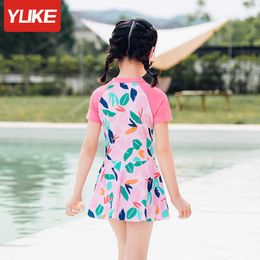 One-Pieces Good Front Zipper Retro One Piece Swimsuit Girls Pink Print Swimwear For Kids Baby Princess Skirt Children Swimming Bathing Suit