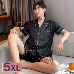 Men's Sleepwear M-5XL Summer Short Black Plaid Silk Pajama For Men 2pc Large 5XL Short Set 3xl Luxury Pijama Hombre Loungewear Homewear 230310