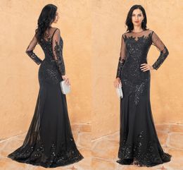 Black Mermaid Long Evening Formal Dress Illusion Neck Long Sleeve Jewel Sequines Lace Celebrity Prom Party Gowns Robe de soiree 2023