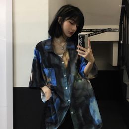 Women's Blouses Dark Black Loose Casual Short Sleeve Shirt 2023 Printed Top Men And Women Vintage Unisex Harajuku Streetwear Camisa