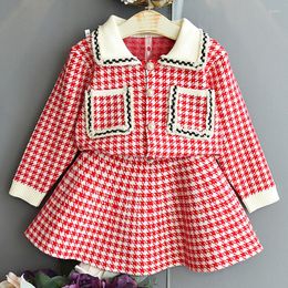 Clothing Sets Baby Girls Princess Elegant Plaid Sweater Jacket Coat Skirt Set Toddler Kids Knitted Clothes Children Suits