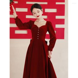 Ethnic Clothing 2023 Velvet Long Sleeve Toast Dress Bride Winter Burgundy Wedding Engagement Casual V-neck