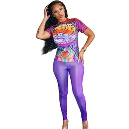 Q6050 Summer Digital Print Slim Tracksuits For Women Short Sleeve O-Neck Tshirt And Sports Pencil Pants Brand 2 Piece Sets