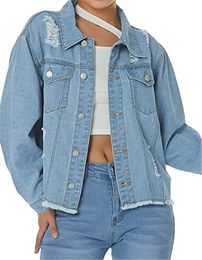 Women's Jacket Frayed Washed Button Up Cropped Denim Jacket With Pockets