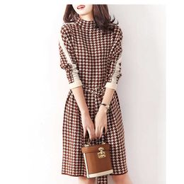 Casual Dresses Elegant for Women Autumn Winter New Long Sleeve Knitted Vintage Houndstooth Bandage Fashion Sweater Belt Y2302