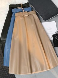 Skirts Classic Faux PU Leather Women's Long With Belted 2023 High Waist Umbrella Ladies Female Autumn Winter