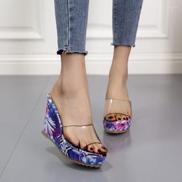 Slippers 2023 Style Summer High-heeled Lady Sponge Cake Matching Colour Transparent Crushed Flower Thick Sole Fish Mout