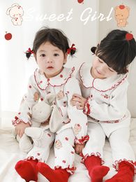 Pyjamas Girls' Spring Autumn Pyjamas Lovely Doll Collar Long-sleeved Baby Cardigan Princess Clothing Breathable Home Suit 230310